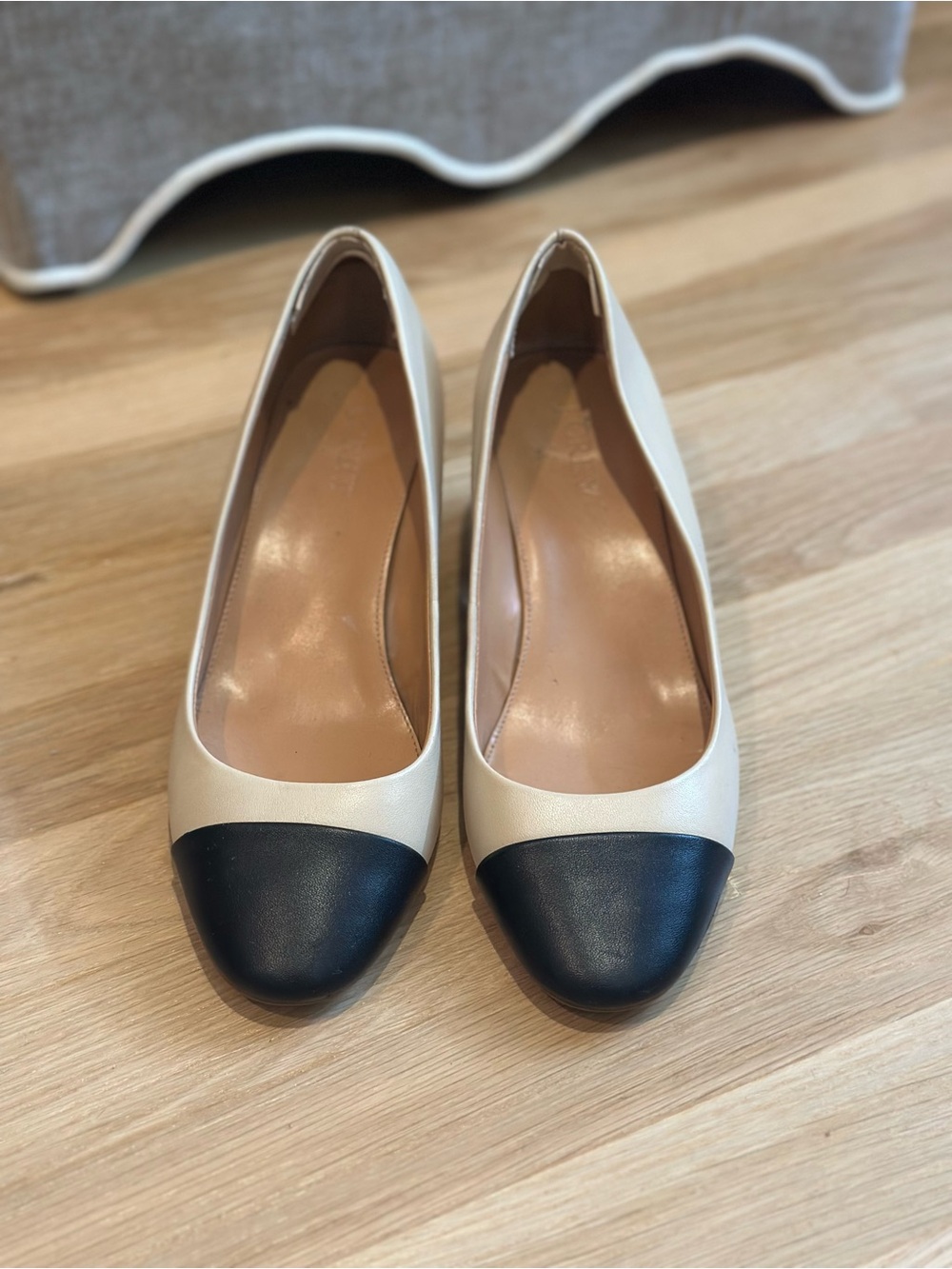 J.Crew Leather Cap Toe Block Heel Pumps Ivory Black Size 8